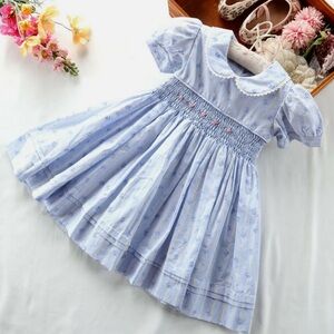 Blue Hand-Smocked Embroidered Dress for Toddler Girls Baby Girls Smocked Dress